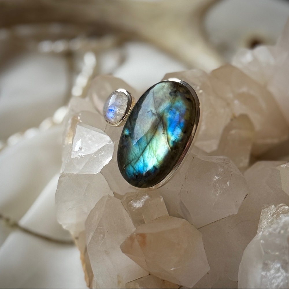 Double Set Sterling Silver Labradorite and Moonstone Adjustable Ring